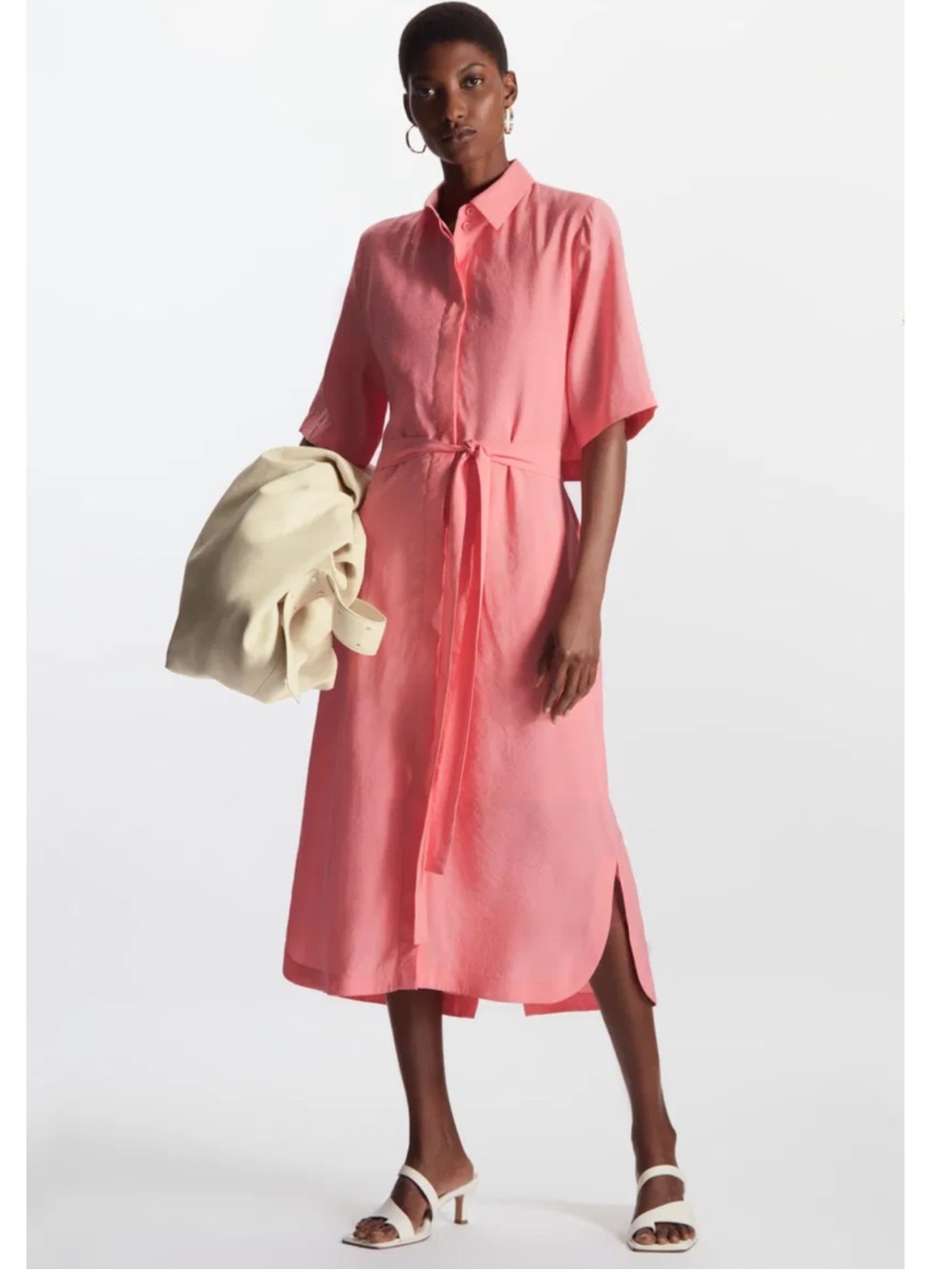COS Pink Coral Button-Front Midi Shirt Dress with Tie Waist size 8